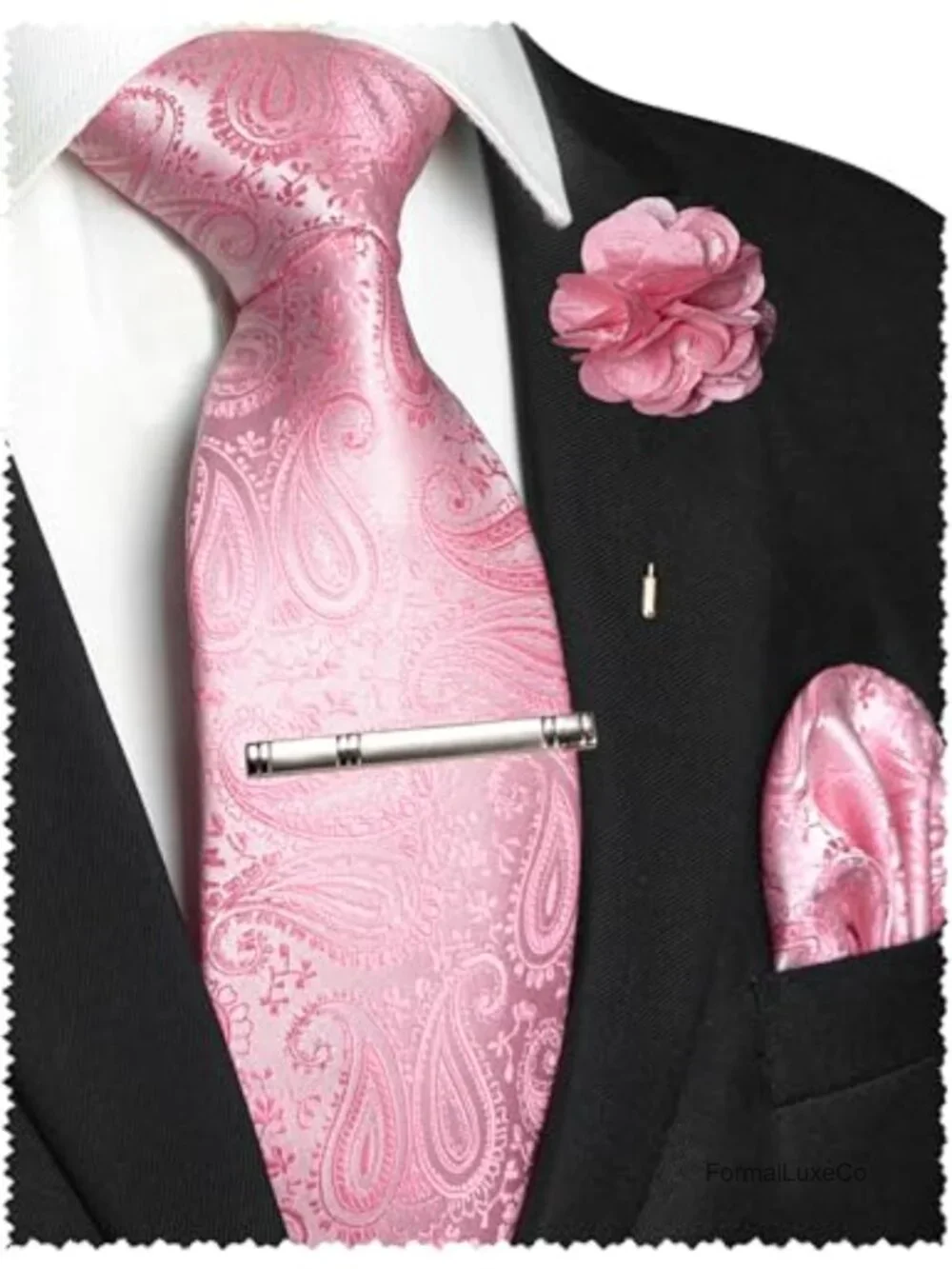 Men's Silk Blend Paisley Tie Set with Pocket Square, Lapel Pin & Tie Clip 4PC